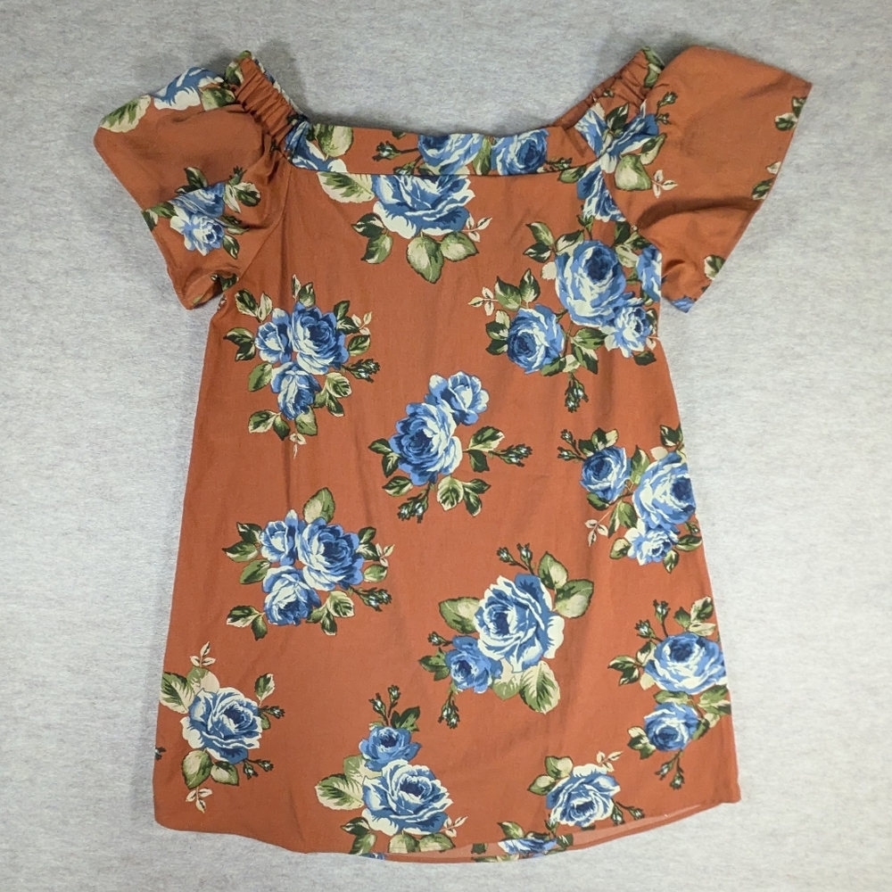 Altar'd State Burnt Orange Off The Shoulder Floral Tunic Blouse Flutter Sleeve L